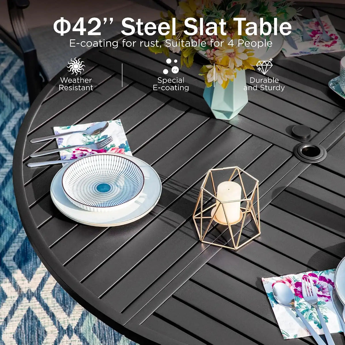 PHI VILLA Patio Dining Set, Swivel Chairs, Round Metal Table