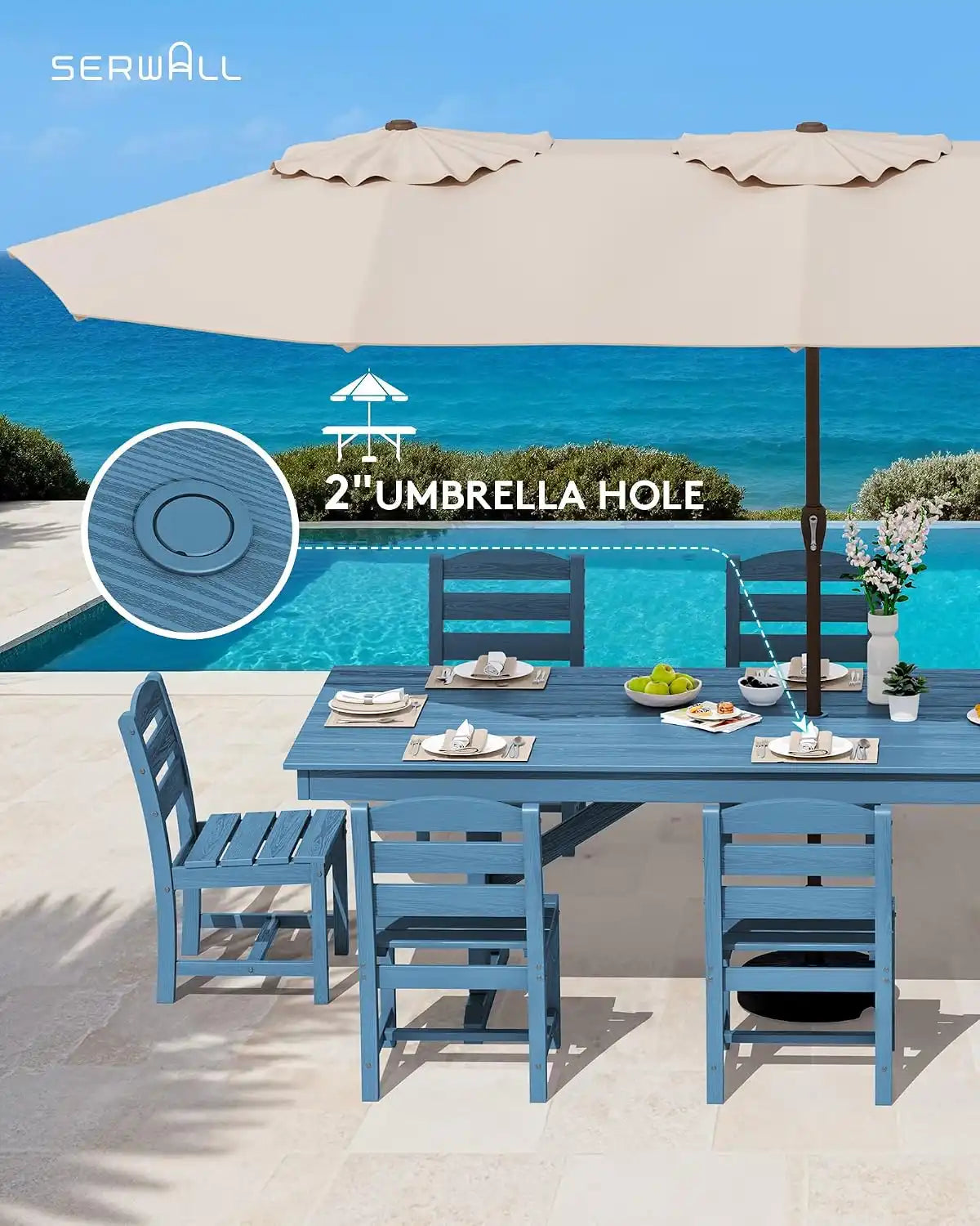 SERWALL 9Pcs 84" HDPE Outdoor Dining Set for 8 with Armless Chairs,Blue
