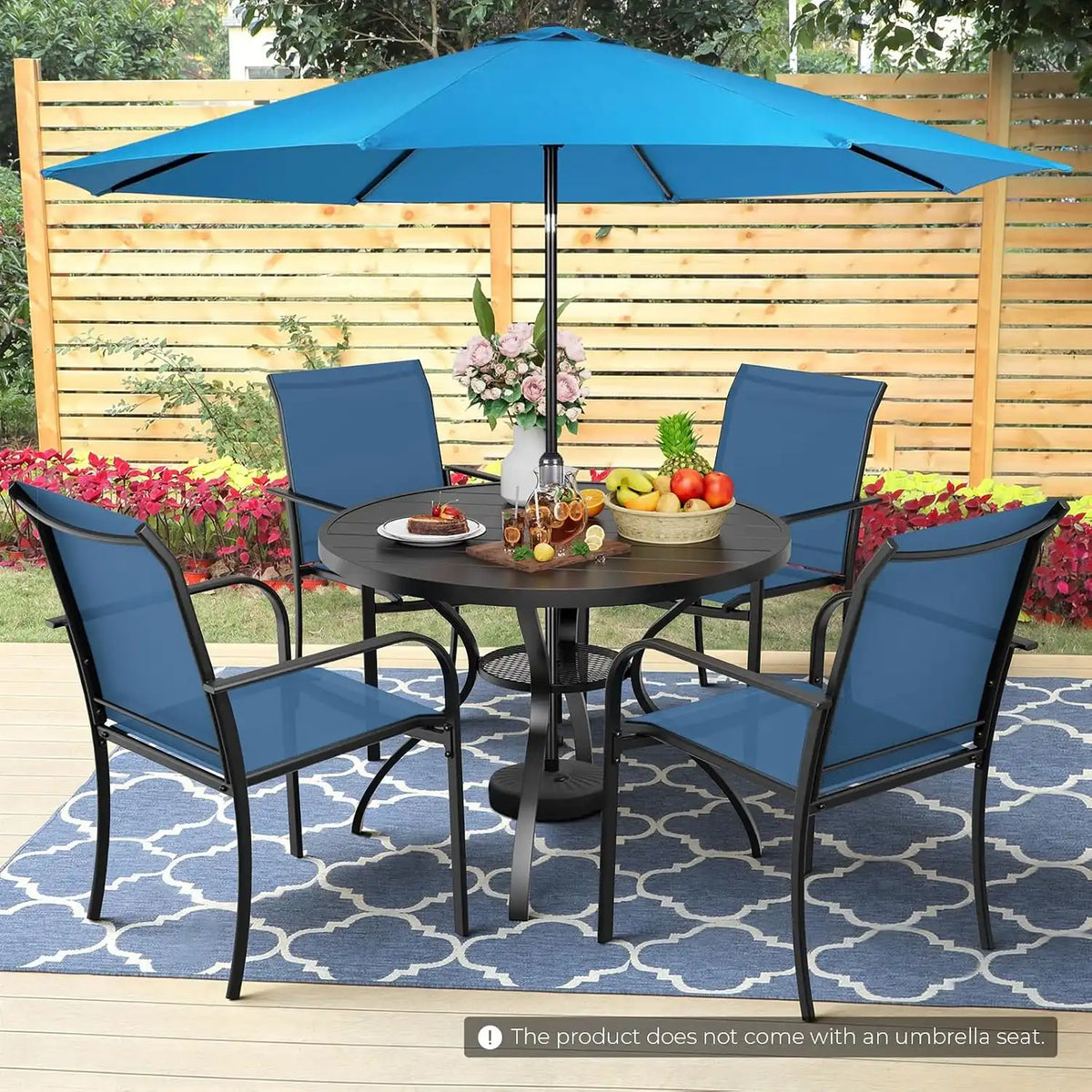 SUNCROWN 6 - Piece Outdoor Dining Set, Patio Furniture Set with 4 Textilene Dinning Chairs, 41" Metal Round Table and 1 Sky Blue 9Ft Patio Umbrella for Lawn Garden Backyard Deck, Blue