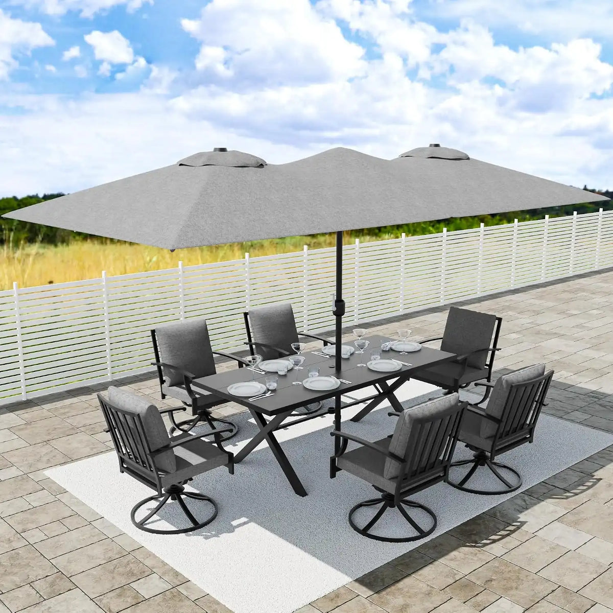 8 PCS Outdoor Patio Dining Set with 13.6ft Double-Sided Patio Umbrella,Patio Table and Chairs Metal Outdoor Patio Furniture Set,Dining Table Set with 6 Swivel Chairs,Grey