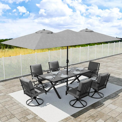 8 PCS Outdoor Patio Dining Set with 13.6ft Double-Sided Patio Umbrella,Patio Table and Chairs Metal Outdoor Patio Furniture Set,Dining Table Set with 6 Swivel Chairs,Grey