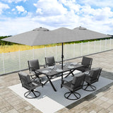 8 PCS Outdoor Patio Dining Set with 13.6ft Double-Sided Patio Umbrella,Patio Table and Chairs Metal Outdoor Patio Furniture Set,Dining Table Set with 6 Swivel Chairs,Grey