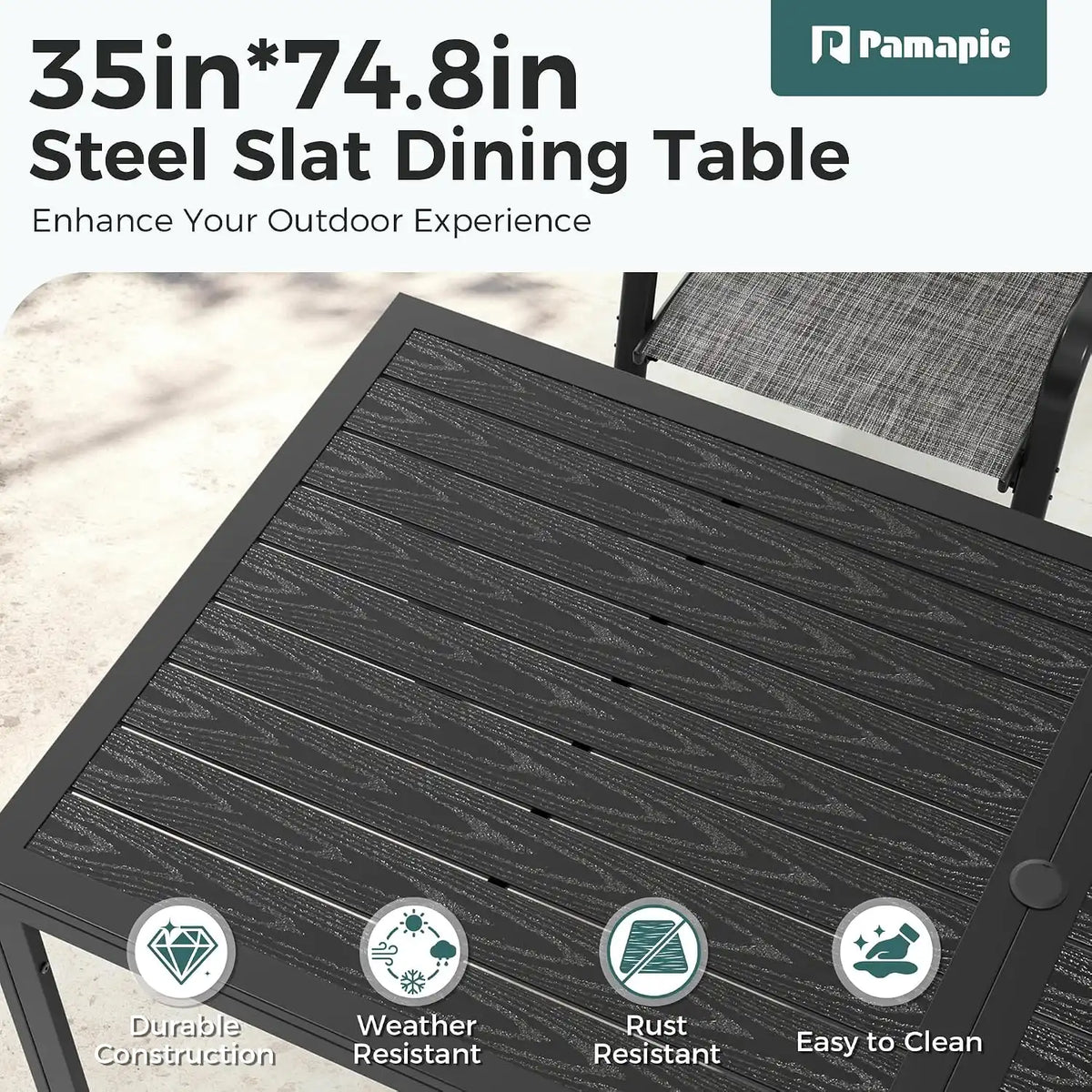 Pamapic Outdoor Dining Sets for 9, Rectangular Steel Slat Table with 8 Textilene Chairs, 8 Piece Patio Table and Chairs Set with Umbrella Hole for Patio, Backyard, Poolside (Grey, No Umbrella)