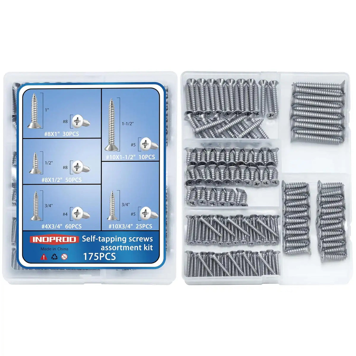INDPRDO 175Pcs Stainless Steel Wood Screws Assortment Kit, #4#8#10 Phillips Flat Head Sheet Metal Screws Set, Self Tapping Screws for Metal, Small Screws,5 Sizes(3/4", 1/2", 1", 3/4", 1-1/2")