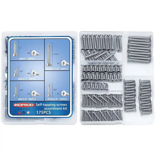 INDPRDO 175Pcs Stainless Steel Wood Screws Assortment Kit, #4#8#10 Phillips Flat Head Sheet Metal Screws Set, Self Tapping Screws for Metal, Small Screws,5 Sizes(3/4", 1/2", 1", 3/4", 1-1/2")
