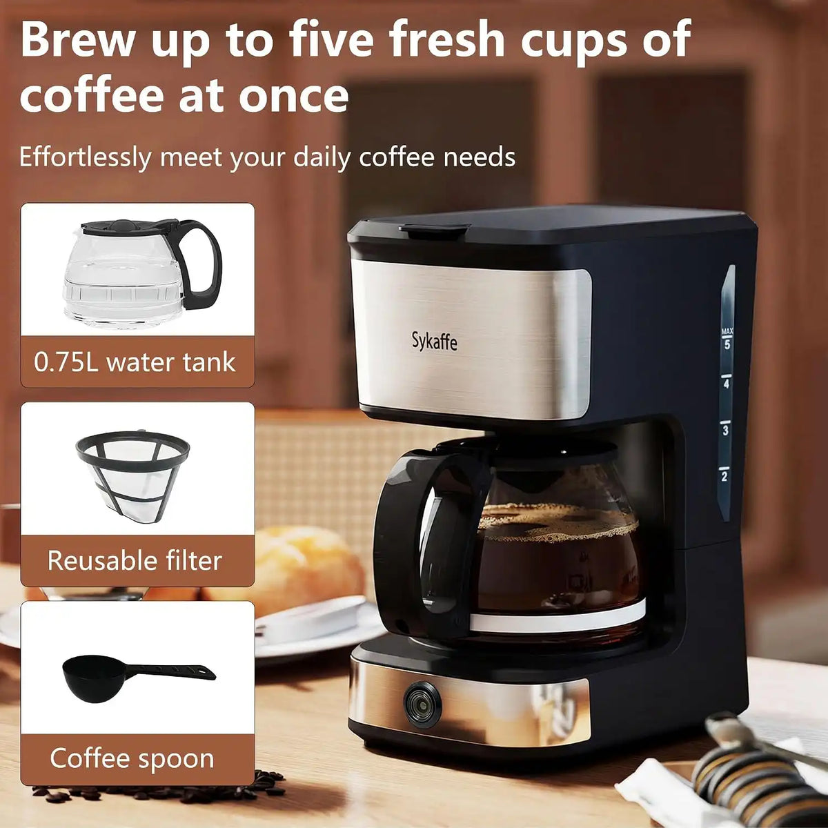 5 Cup Coffee Maker, Compact Machine with Reusable Filter, Keep Warm