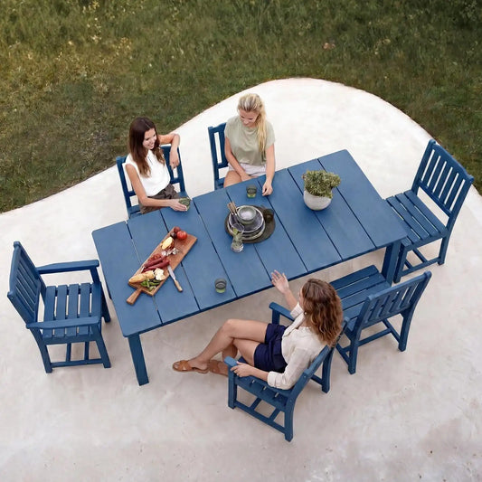 Perli™ 7-Piece Outdoor Dining Set, All-Weather HDPE Patio Table and 6 Chairs with Umbrella Hole, UV-Resistant Composite Wood Dining Furniture for Deck, Backyard, Poolside, Blue