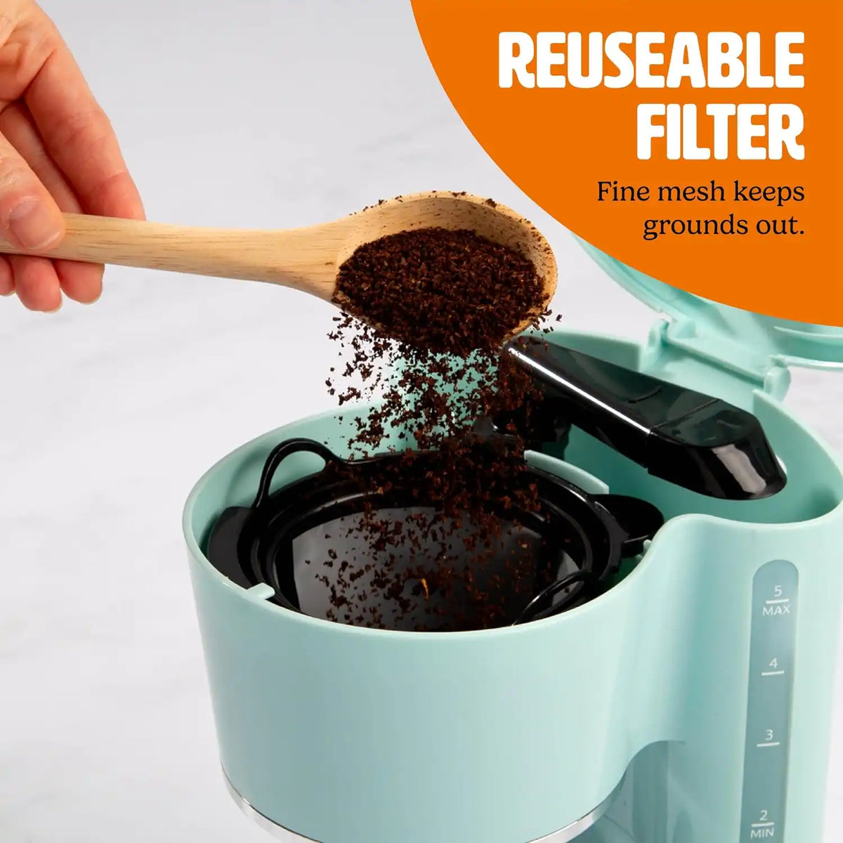 Tasty 5-Cup Coffee Maker with Auto Pause & Pour, Reusable Filter, Easy View Water Reservoir and Warming Plate, Glass Carafe, Compact Brew & Drip Coffee Maker, 5-Cup, Aqua