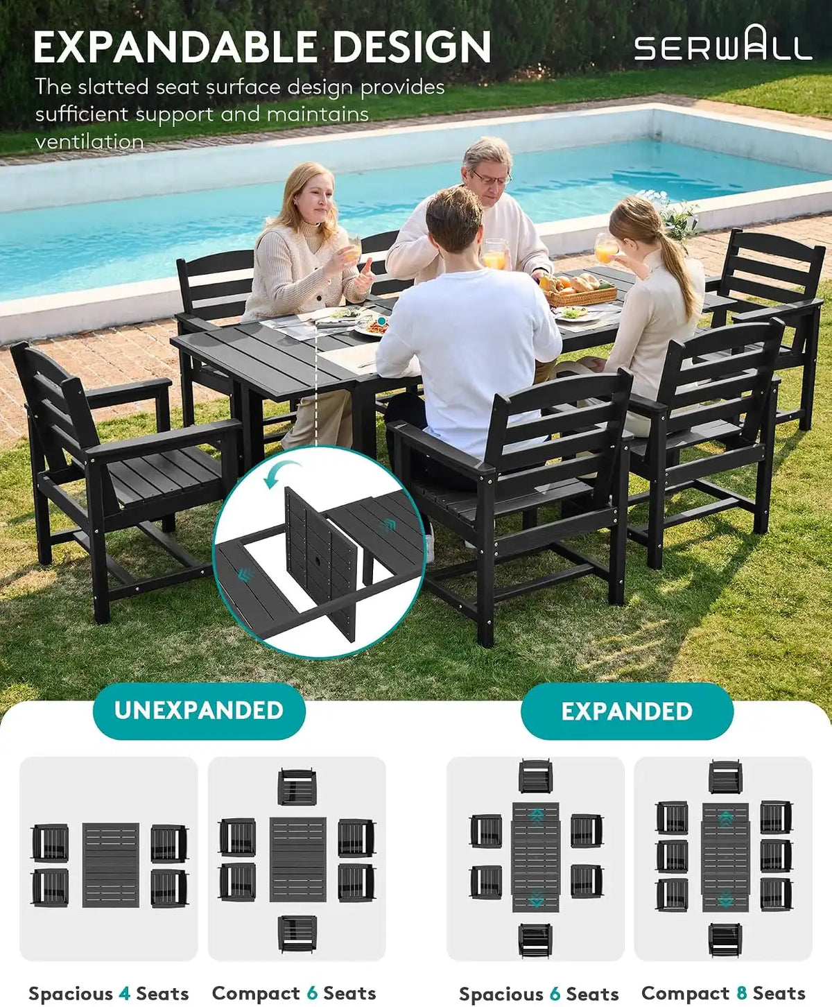 SERWALL HDPE and Aluminum Outdoor Dining Set for 8, Black