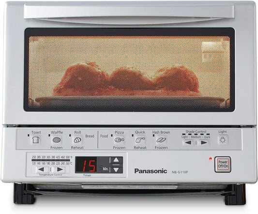 Panasonic FlashXpress Toaster Oven Countertop, 4-Slice Small Toaster Oven Compact Size with Double Infrared Heating, 6 Auto Cook Options and Precise Temperature Control, 1300W - NB-G110P (Silver)