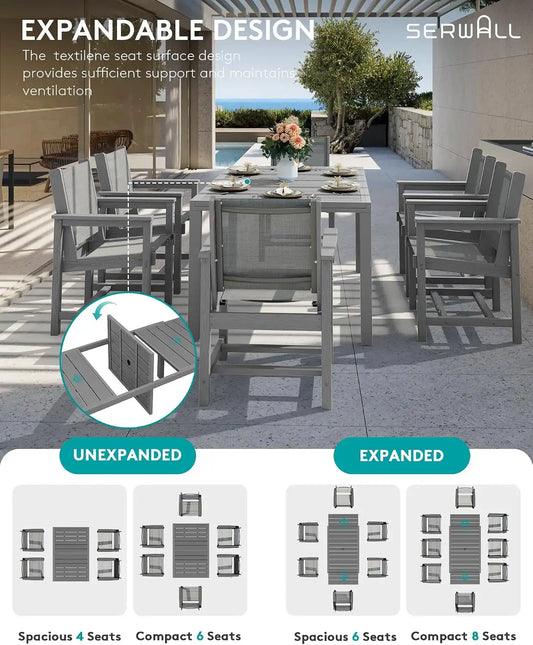 SERWALL HDPE Outdoor Dining Set for 8 with Textilene Chairs, Grey