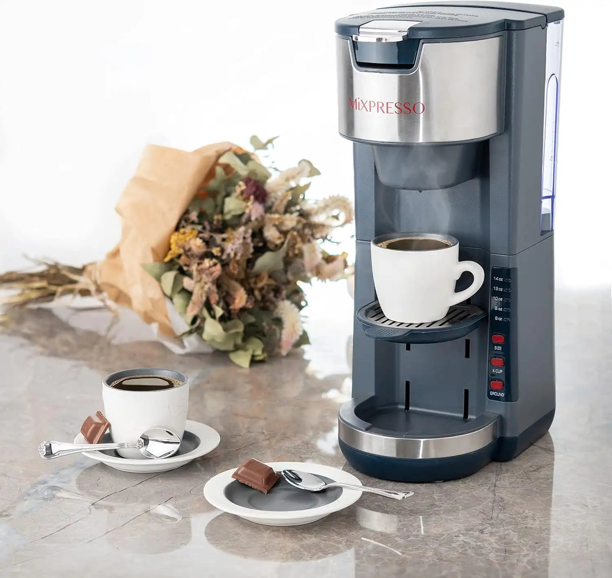 Mixpresso Gray Single Serve Coffee Brewer K-Cup Pods Compatible & Ground