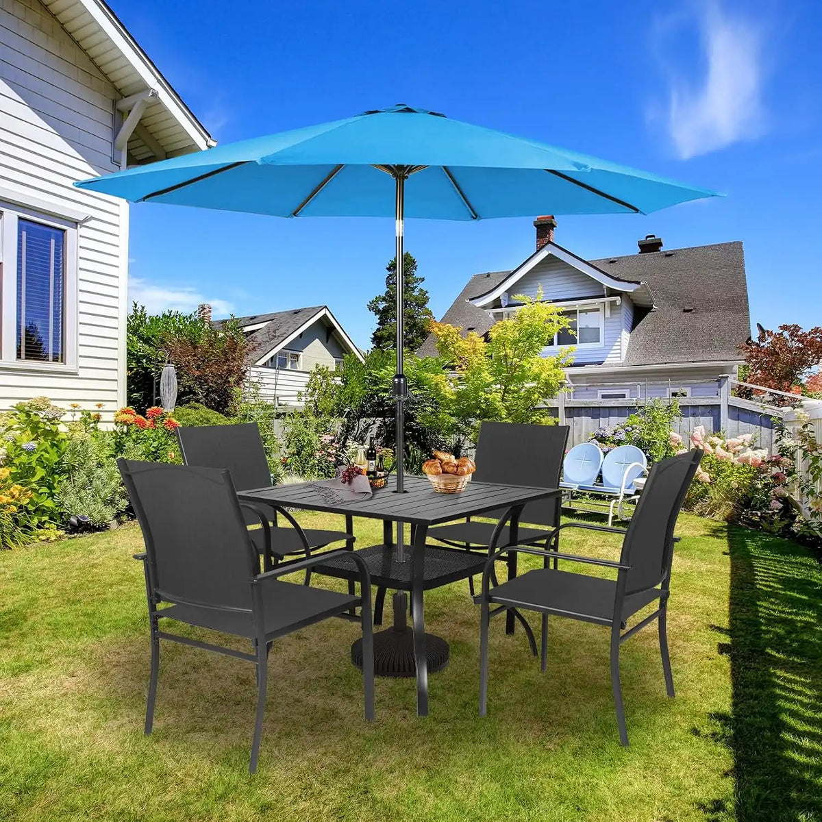 SUNCROWN 6 - Piece Outdoor Dining Set, Patio Furniture Set with 4 Textilene Dinning Chairs, 1 Steel Slat Metal Bistro Table and 1 Sky Blue 9Ft Patio Umbrella for Lawn Garden Backyard Deck, Black