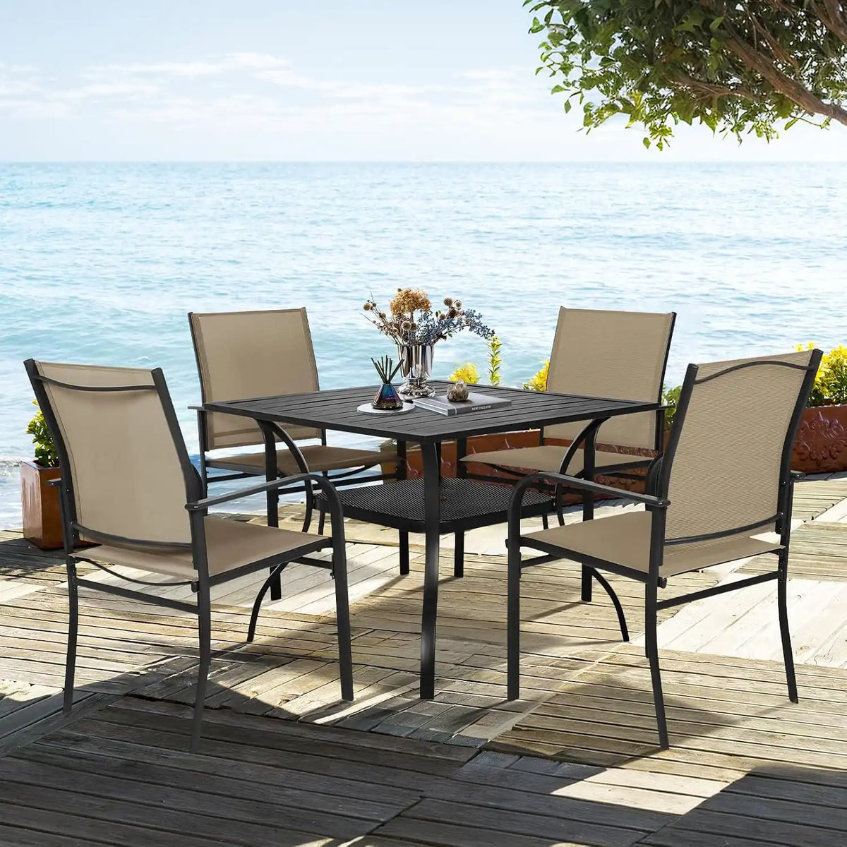 SUNCROWN 6 - Piece Outdoor Dining Set, Patio Furniture Set with 4 Textilene Dinning Chairs, 1 Steel Slat Metal Bistro Table and 1 Sky Blue 9Ft Patio Umbrella for Lawn Garden Backyard Deck, Brown