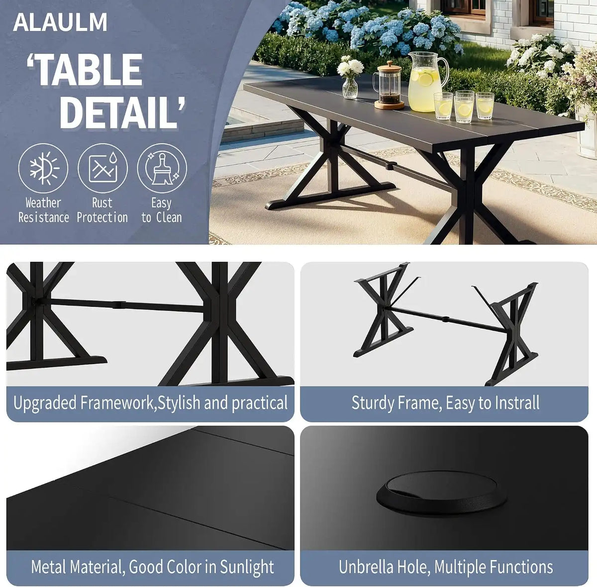 ALAULM 9-Piece Patio Dining Set,Outdoor Metal Dining Set with 2 Swivel Chairs & Rectangle Table with 1.5 Umbrella Hole, Patio Dining Table and Chairs for Backyard,Grey
