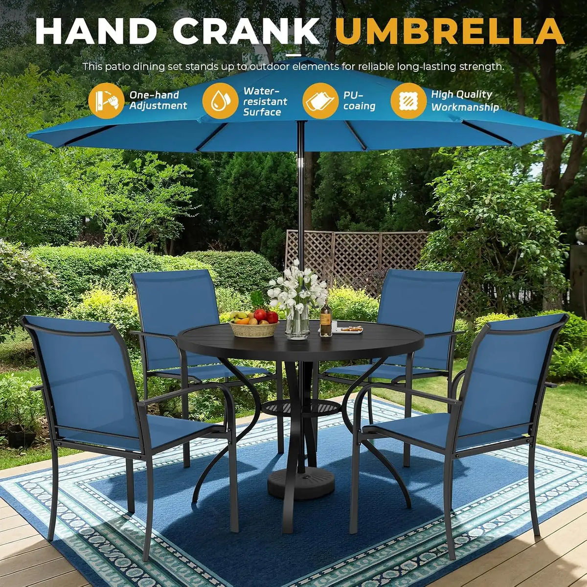 SUNCROWN 6 - Piece Outdoor Dining Set, Patio Furniture Set with 4 Textilene Dinning Chairs, 41" Metal Round Table and 1 Sky Blue 9Ft Patio Umbrella for Lawn Garden Backyard Deck, Blue