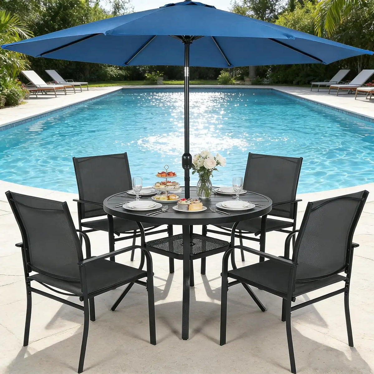 SUNCROWN 6 - Piece Outdoor Dining Set, Patio Furniture Set with 4 Textilene Dinning Chairs, 41" Metal Round Table and 1 Dark Blue 9Ft Patio Umbrella for Lawn Garden Backyard Deck, Black