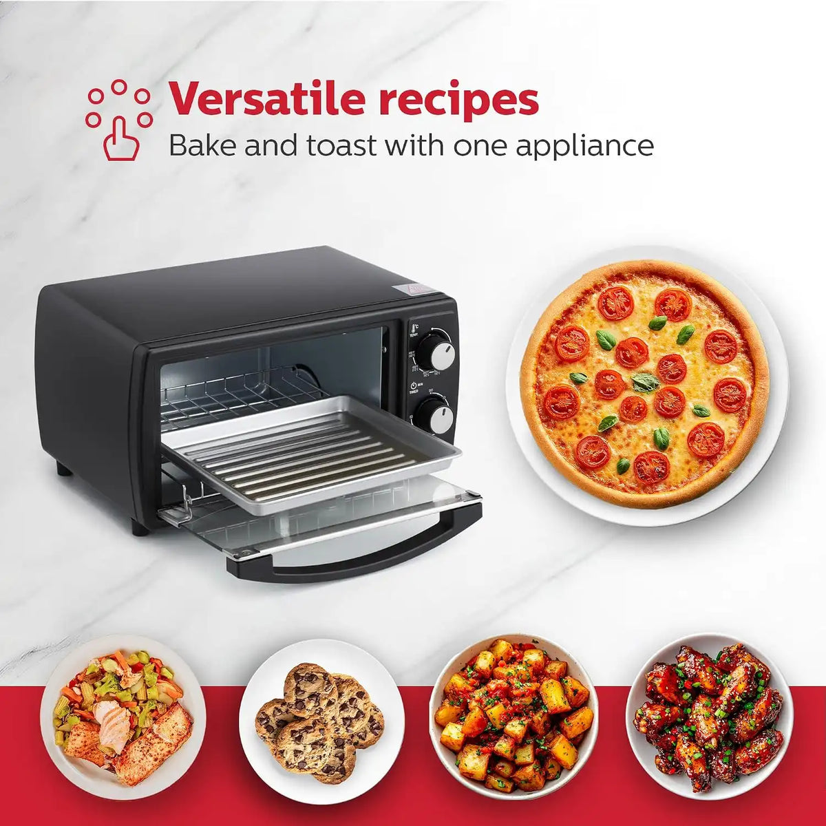 Holstein Housewares 4 Slice Countertop Toaster Oven with 60 Minute Timer Includes Pan and Wire Rack, Perfect for Baking, Broiling, and Toasting Compact Design in Sleek Black for Convenient Kitchen Use