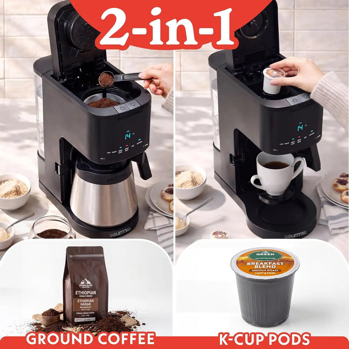 Gourmia Coffee Maker - 12-Cup & Single Serve, Thermal Carafe, Black