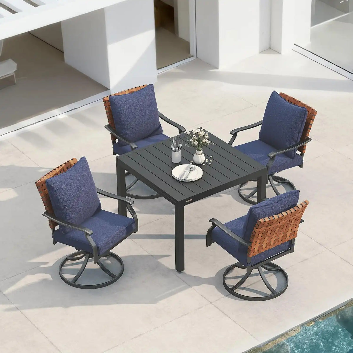 Grand patio 5-Pc Outdoor Swivel Dining Set, 4 Blue Chairs + Table, Black
