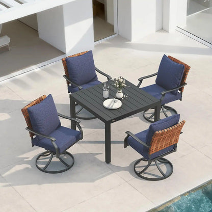 Grand patio 5-Pc Outdoor Swivel Dining Set, 4 Blue Chairs + Table, Black