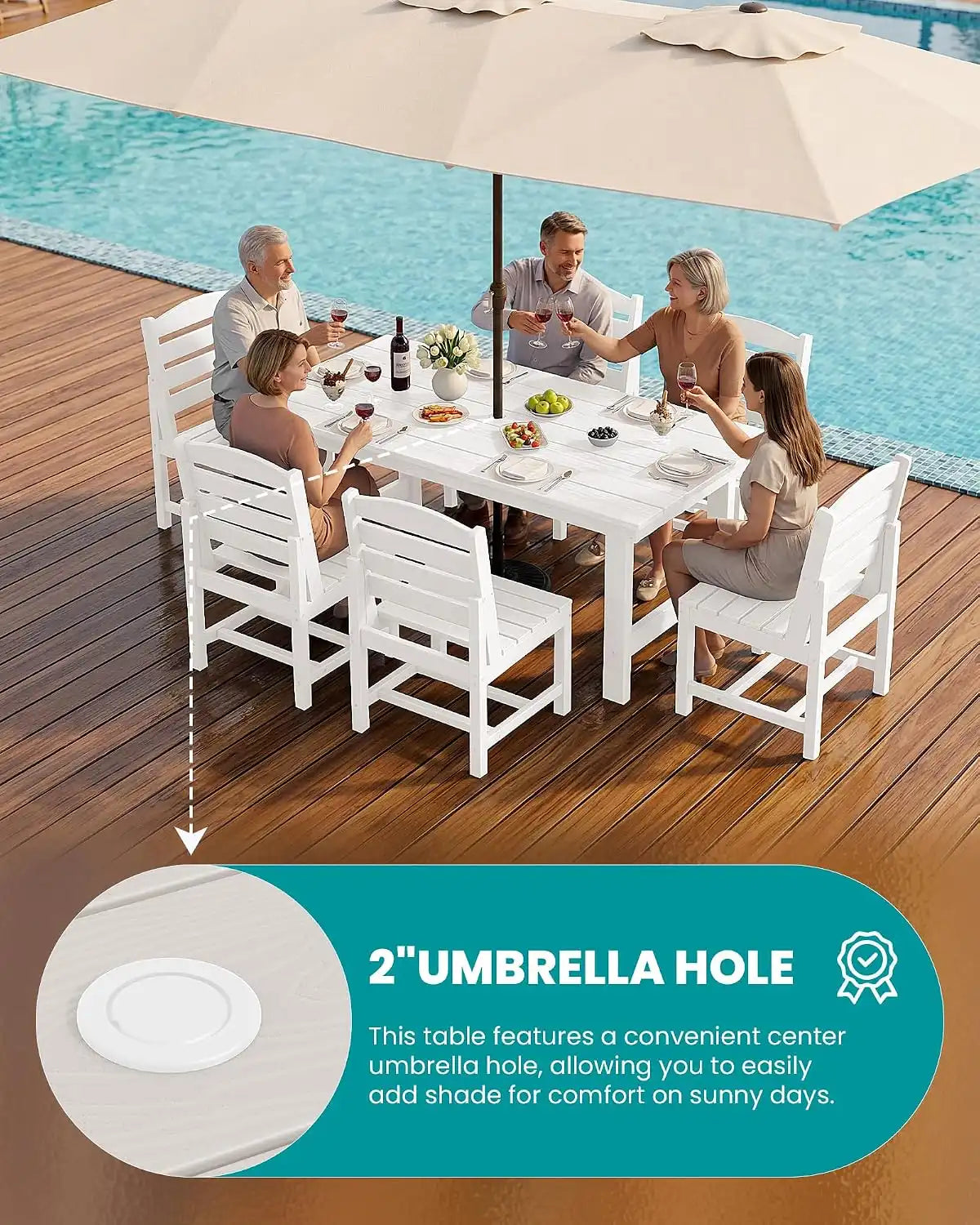 SERWALL Armless Outdoor Dining Set, Patio Dining Set for 6, White