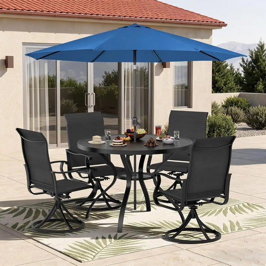 SUNCROWN 6-Piece Outdoor Dining Set, All Weather Patio Furniture Sets with 4 Black Swivel Textilene Mesh Chairs & Round Metal Table & 1 Dark Blue 9Ft Umbrella for Deck Garden Backyard Poolside