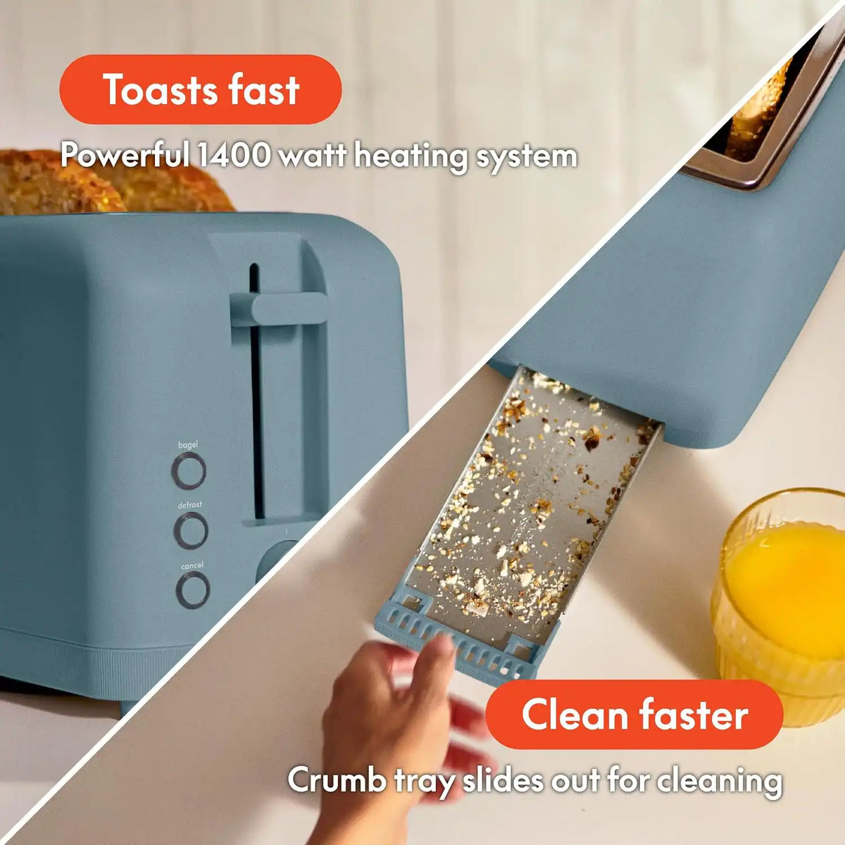 bella 4 Slice Slim Toaster, Fits-anywhere™ Kitchenware, 6 Setting Shade Control with Reheat & Cancel Buttons, Fits Sourdough, 10” Long Slot, Anti Jam & Auto Shutoff, 900 Watt, Surf