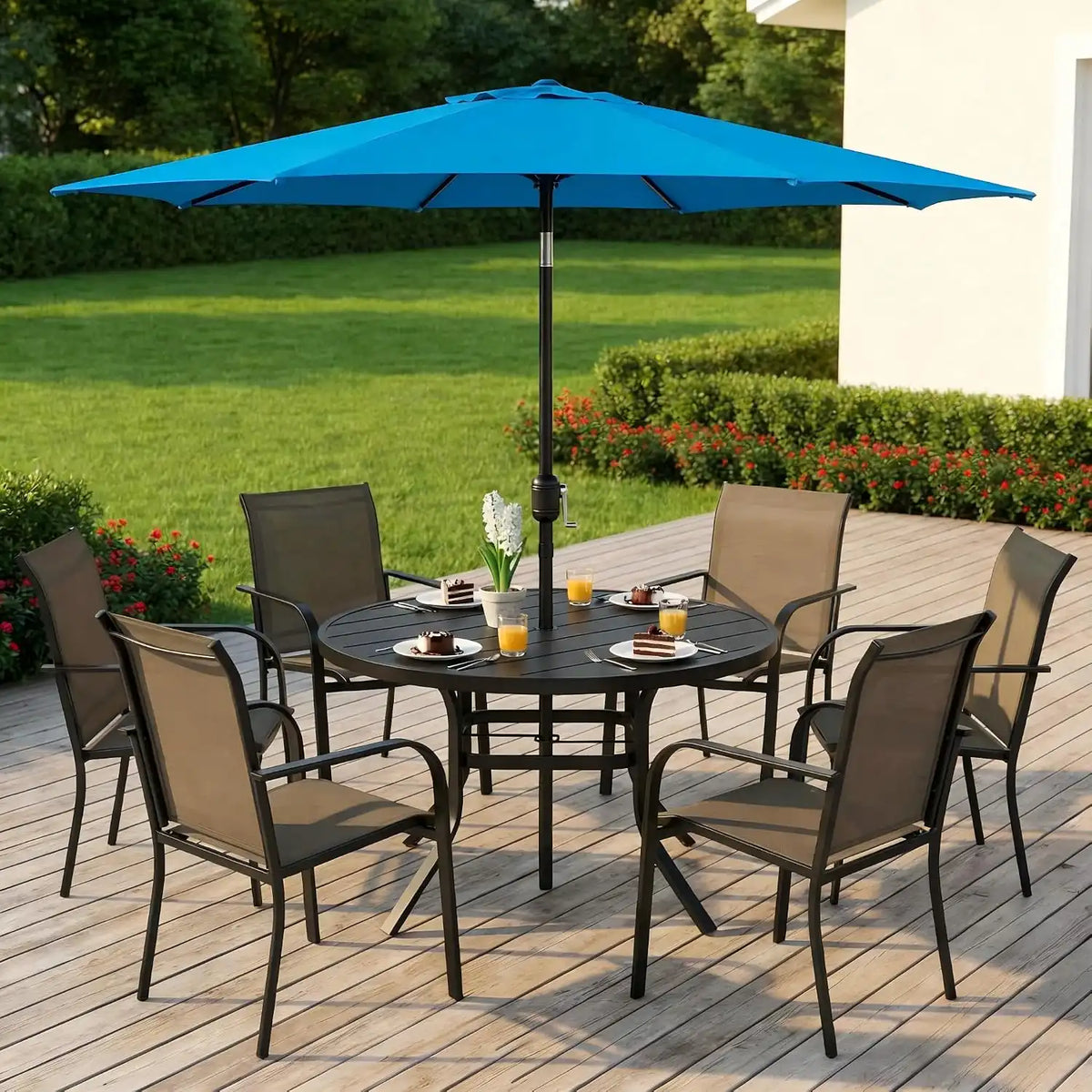 SUNCROWN 8 - Piece Outdoor Dining Set, Patio Furniture Set with 6 Textilene Dinning Chairs, 53" Metal Round Table and 1 Sky Blue 9Ft Patio Umbrella for Lawn Garden Backyard Deck, Brown