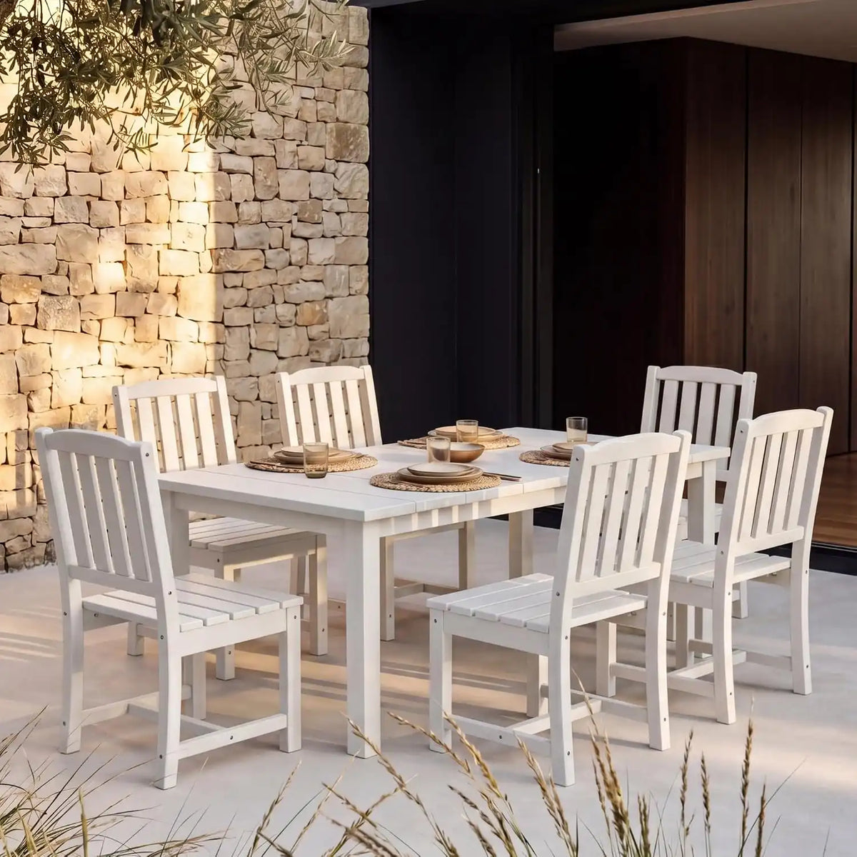 Perli™ 7-Piece Outdoor Dining Set, All-Weather HDPE Patio Table and 6 Chairs with Umbrella Hole, UV-Resistant Composite Wood Dining Furniture for Deck, Backyard, Poolside, White