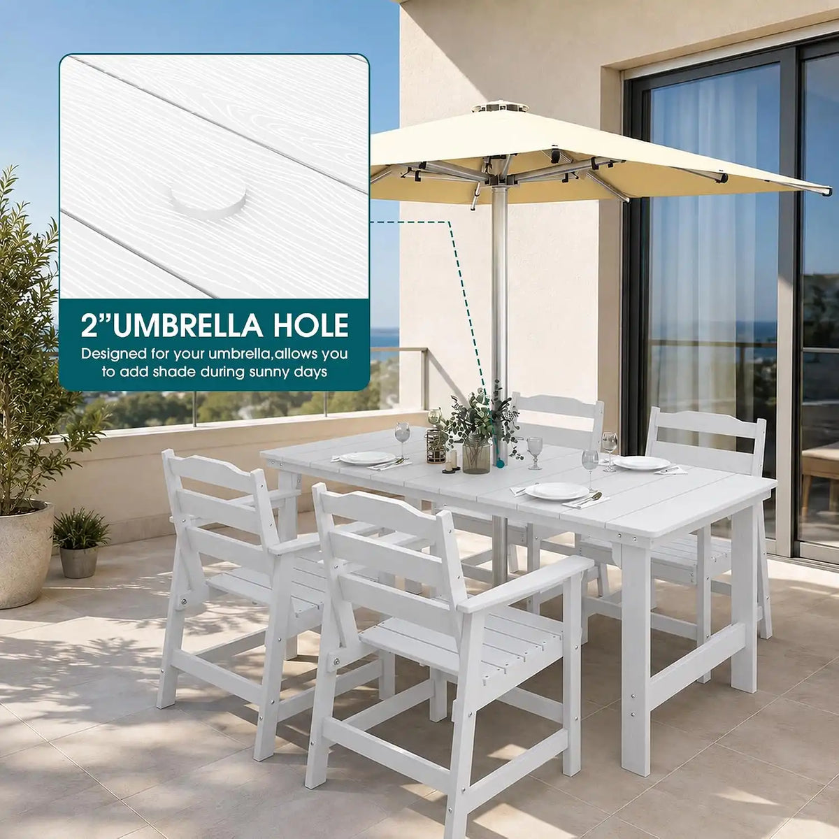 THOEOE 5 Pieces Outdoor Table and Chairs, 50" HDPE Dining Set for 4, White