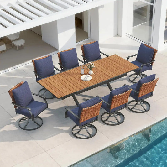 Grand patio 9-Pc Outdoor Swivel Dining Set, 8 Blue Chairs + Table, Brown