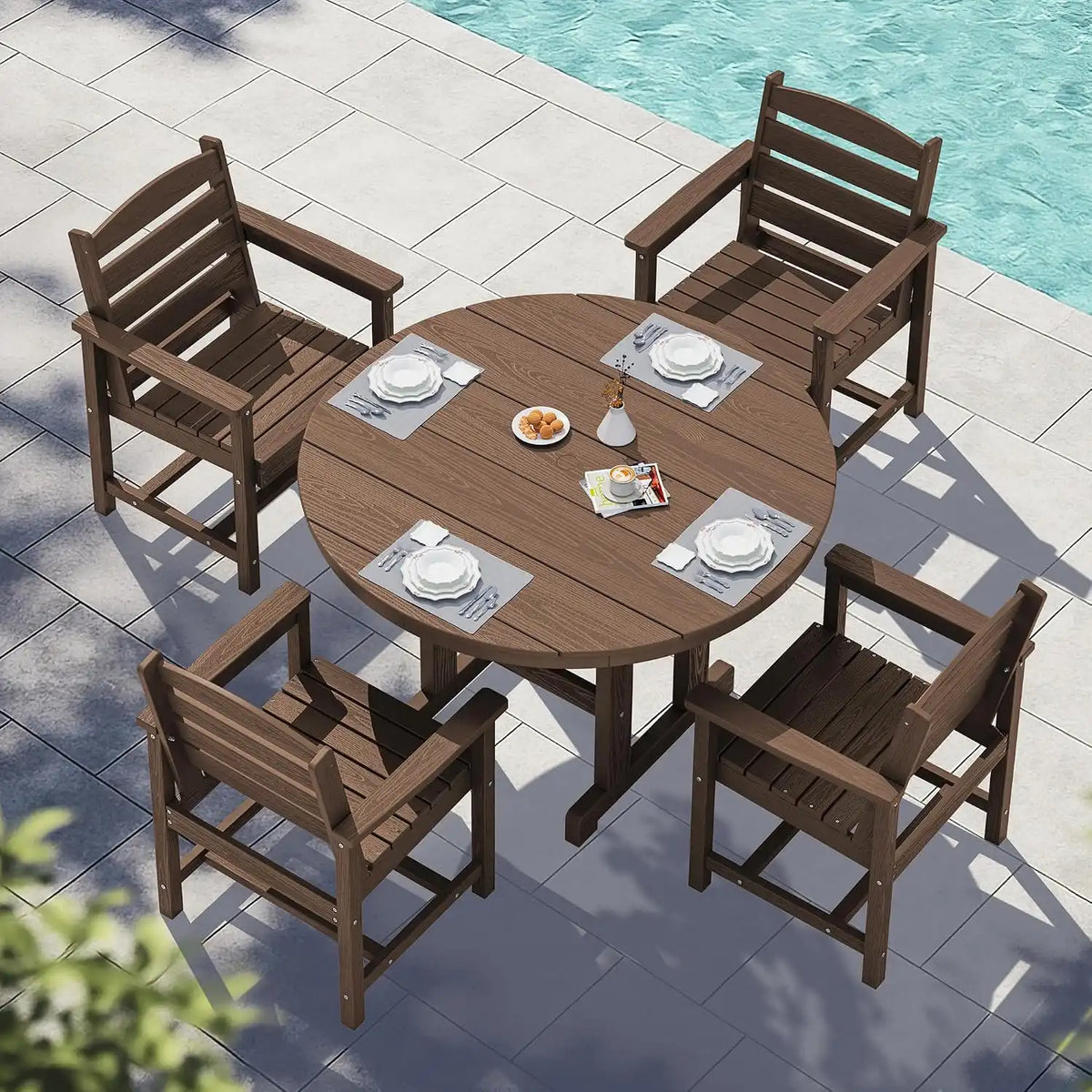 SERWALL 5-Piece HDPE Round Dining Set, 45" Table, 4 Chairs, Brown
