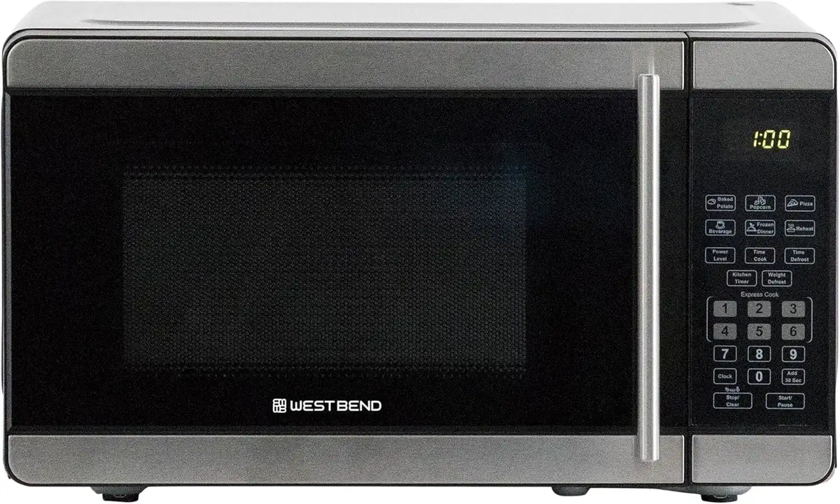 West Bend Microwave Oven 700-Watts Countertop Footprint with 6 Pre Cooking Settings, Speed Defrost, Electronic Control Panel and Glass Turntable Perfect for Small Spaces, 0.7-Cu.Ft., Stainless Steel