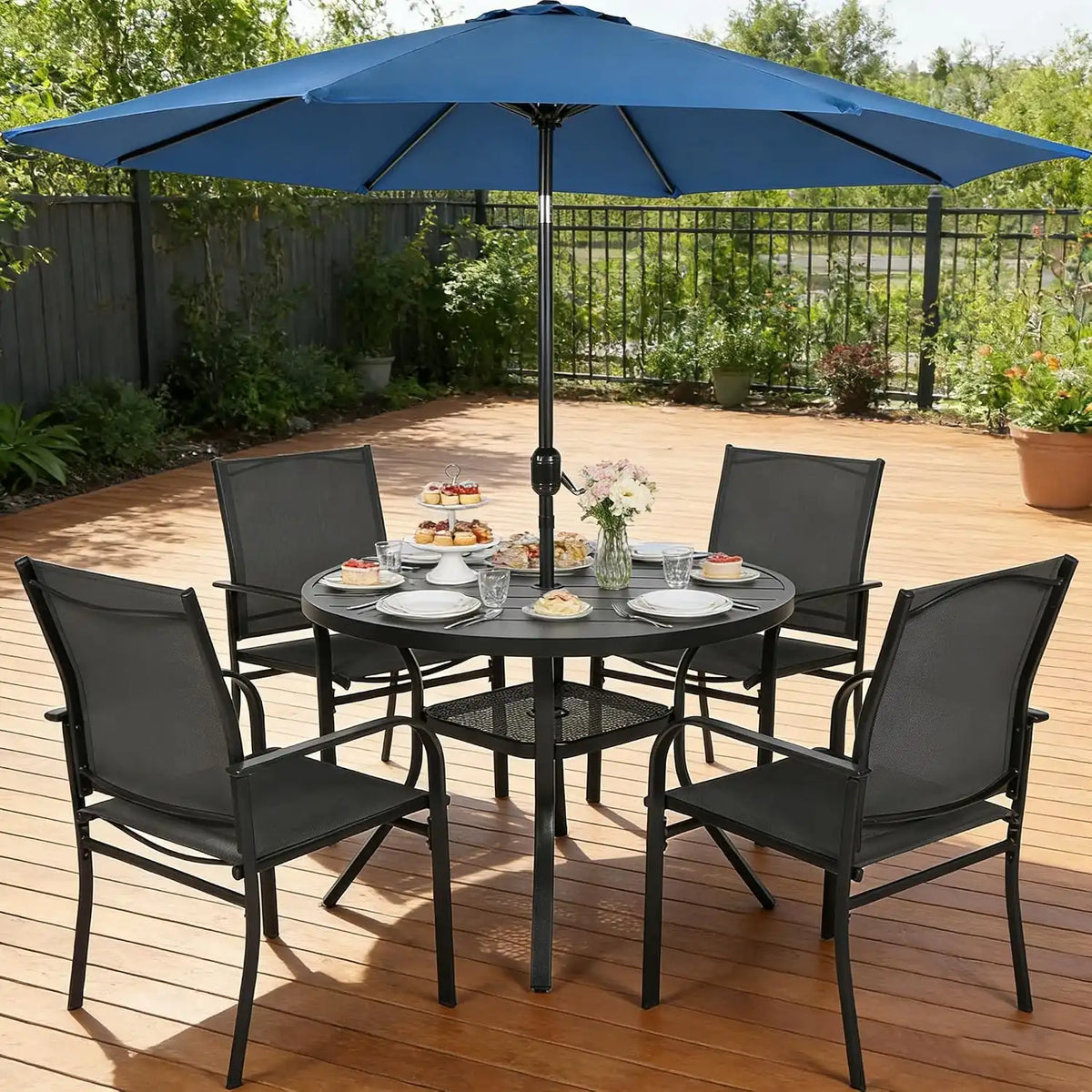 SUNCROWN 6 - Piece Outdoor Dining Set, Patio Furniture Set with 4 Textilene Dinning Chairs, 41" Metal Round Table and 1 Dark Blue 9Ft Patio Umbrella for Lawn Garden Backyard Deck, Black