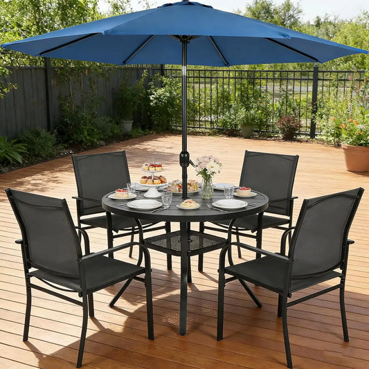 SUNCROWN 6 - Piece Outdoor Dining Set, Patio Furniture Set with 4 Textilene Dinning Chairs, 41" Metal Round Table and 1 Dark Blue 9Ft Patio Umbrella for Lawn Garden Backyard Deck, Black