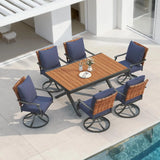 Grand patio 7-Pc Outdoor Swivel Dining Set, 6 Blue Chairs + Table, Brown