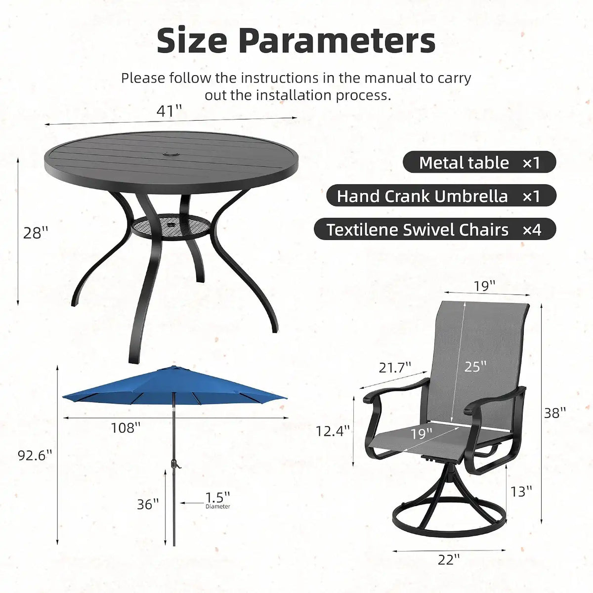 SUNCROWN 6-Piece Outdoor Dining Set, All Weather Patio Furniture Sets with 4 Dark Gray Swivel Textilene Mesh Chairs & Round Metal Table & 1 Dark Blue 9Ft Umbrella for Deck Garden Backyard Poolside