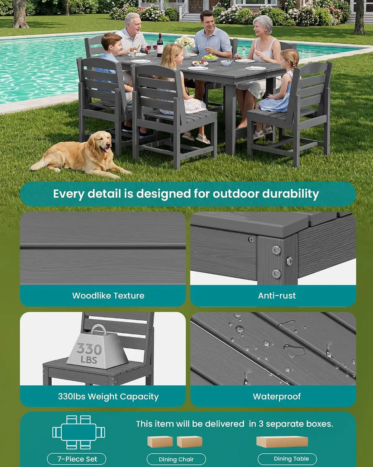 SERWALL Armless Outdoor Dining Set, Patio Dining Set for 6, Gray