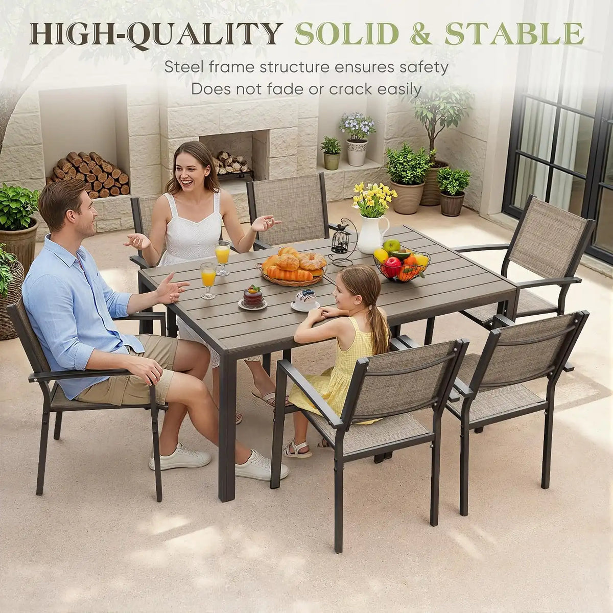 Greesum Patio Dining Set 7 Piece, Outdoor Furniture Textilene Chairs with Large Table, Comfortable for Porch, Pool, Garden, Brown