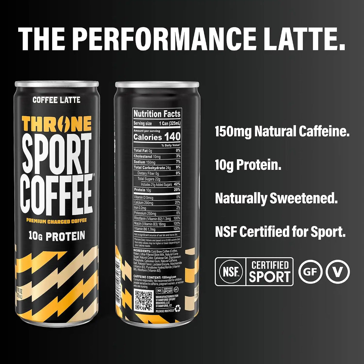 Throne Sport Coffee, Coffee Latte, 10g Protein, 150mg Caffeine, 12Pk