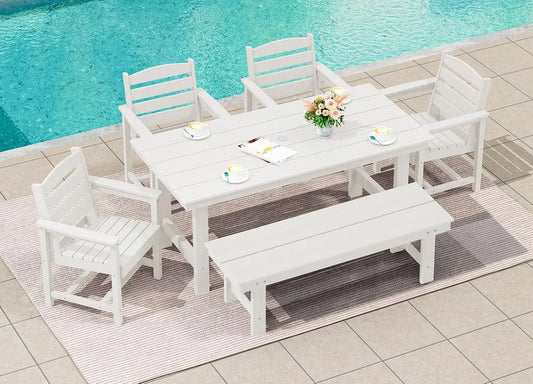 SERWALL Outdoor Dining Set, Patio Dining Set with Bench, White