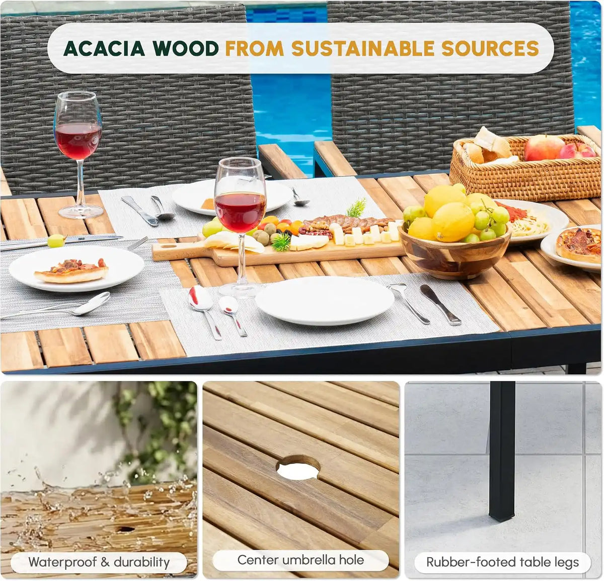 7 PCS Acacia Wood Patio Dining Set, Dark Grey Rattan