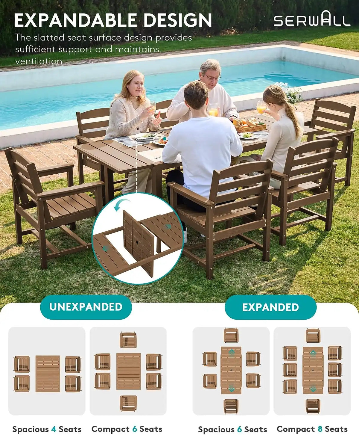 SERWALL HDPE and Aluminum Outdoor Dining Set for 8, Brown