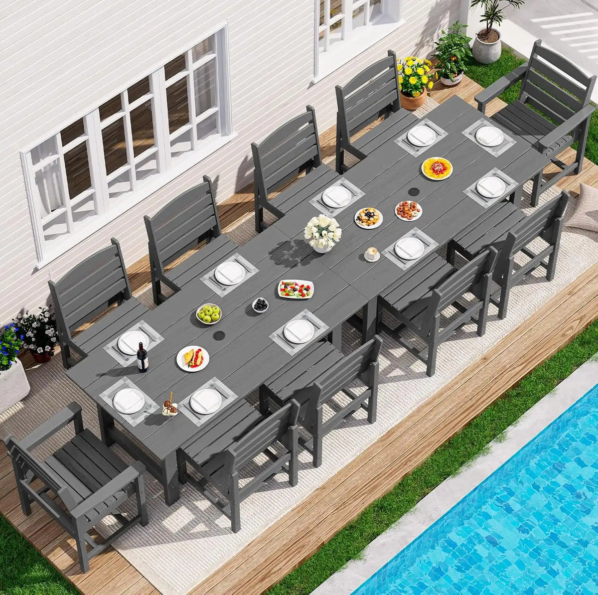 SERWALL HDPE Outdoor Dining Furniture, Outdoor Dining Set for 10, Gray