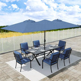 8 PCS Outdoor Patio Dining Set with 13.6ft Double-Sided Patio Umbrella,Patio Table and Chairs Metal Outdoor Patio Furniture Set,Dining Table Set with 6 Chairs,Navy Blue