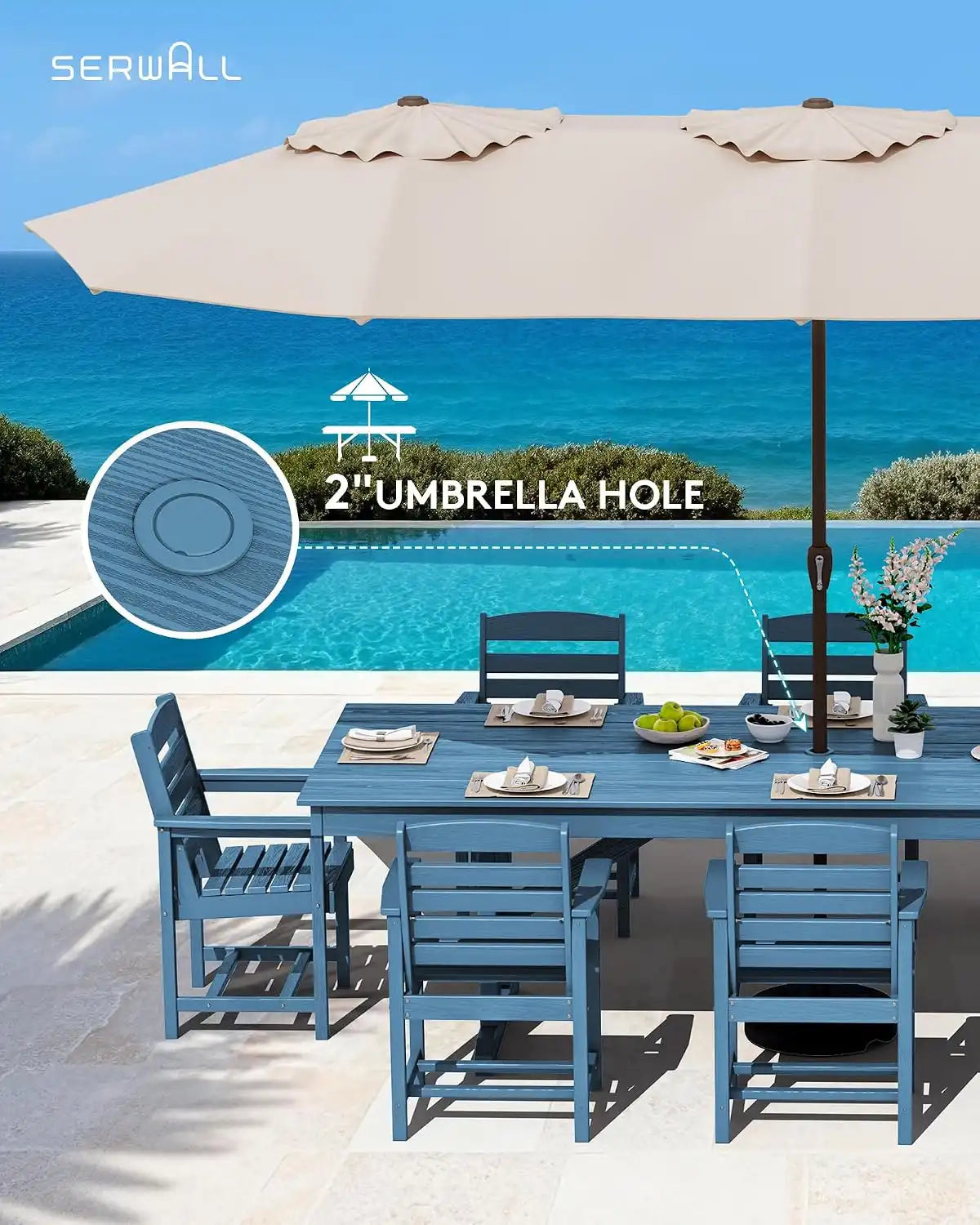 SERWALL Outdoor 84" HDPE Rectangular Dining Table for 6-8,All-Weather,Blue