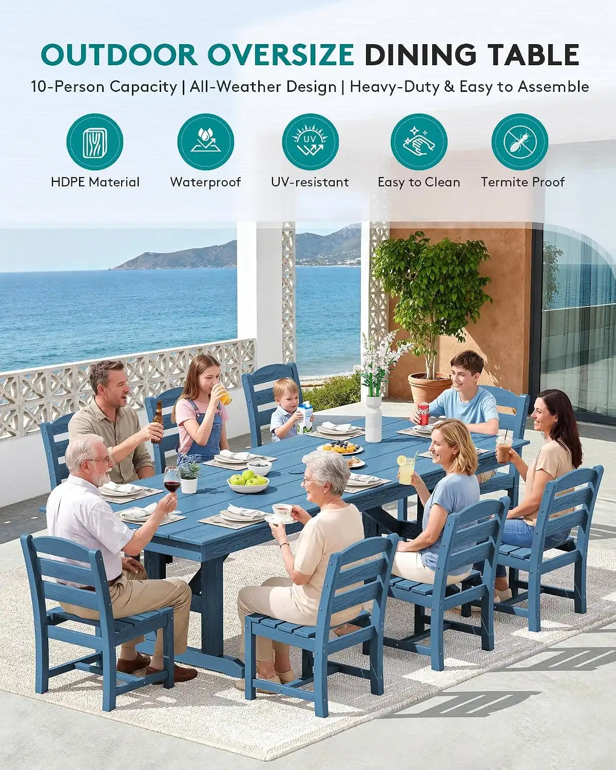 SERWALL 9Pcs 84" HDPE Outdoor Dining Set for 8 with Armless Chairs,Blue