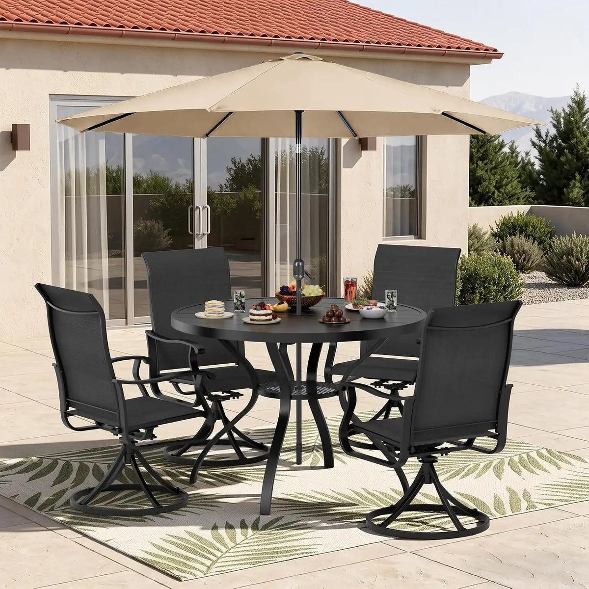 SUNCROWN 6-Piece Outdoor Dining Set, All Weather Patio Furniture Sets with 4 Black Swivel Textilene Mesh Chairs & Round Metal Table & 1 Brown 9Ft Umbrella for Deck Garden Backyard Poolside