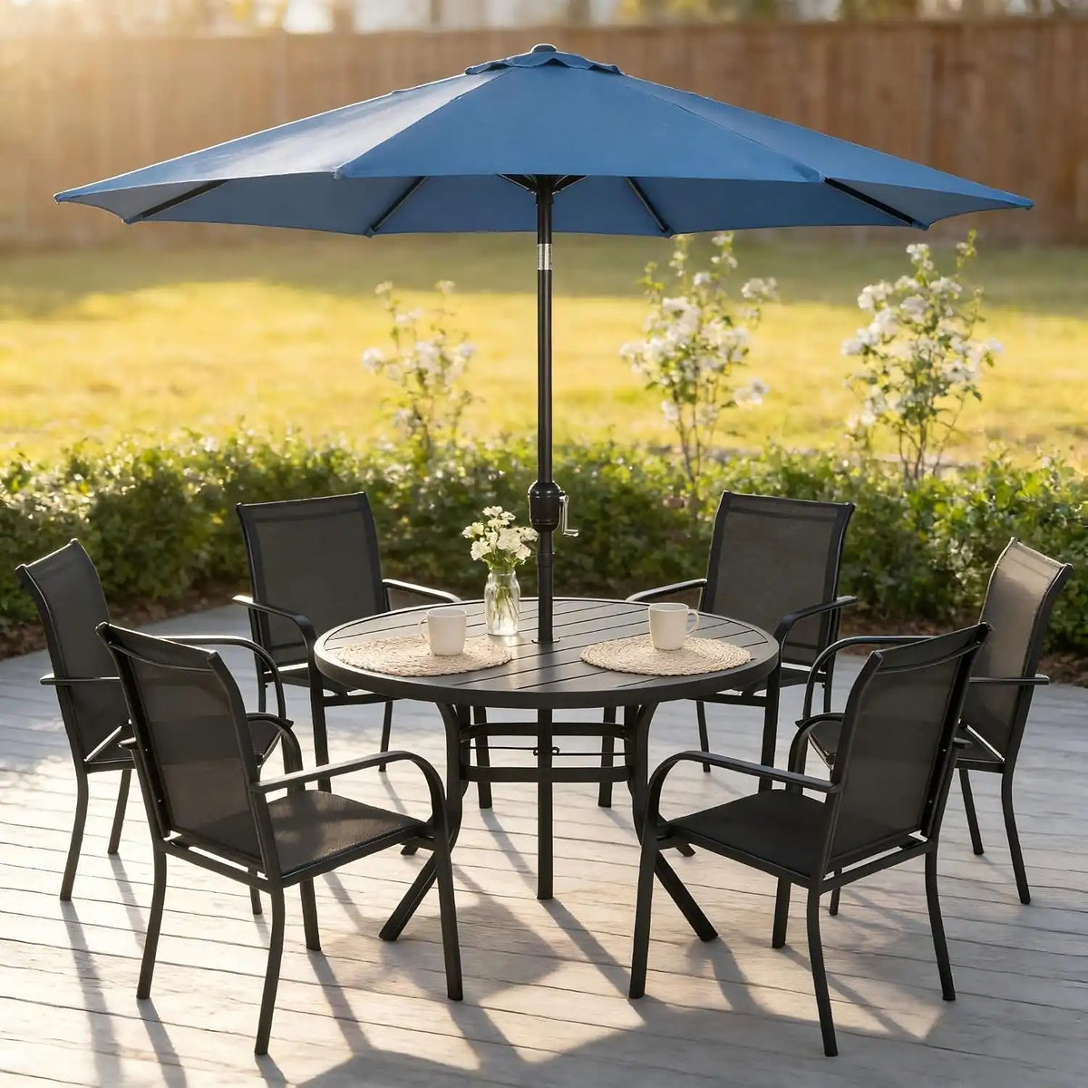 SUNCROWN 8 - Piece Outdoor Dining Set, Patio Furniture Set with 6 Textilene Dinning Chairs, 53" Metal Round Table and 1 Dark Blue 9Ft Patio Umbrella for Lawn Garden Backyard Deck, Black